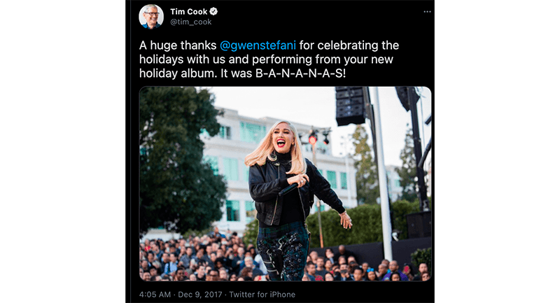 Tim Cook, az Apple vezérigazgatója köszönetet mond Gwen Stefaninak a Twitteren.